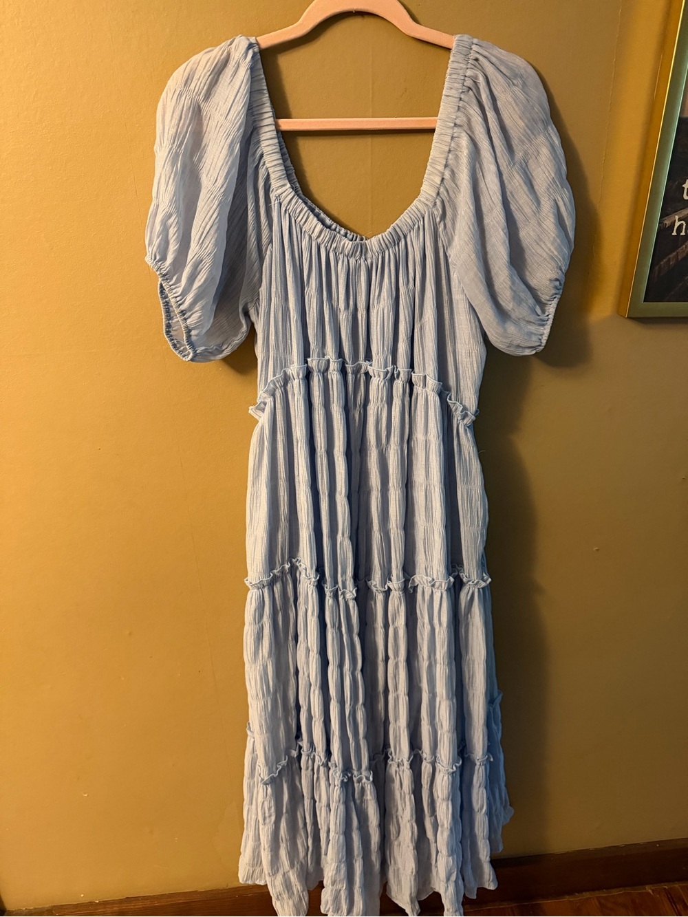 Light Blue Puff-Sleeve Tiered Maxi Dress — Women's